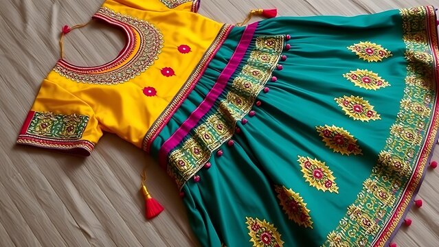 A vibrant traditional dress with intricate mirror work and tassels on fabric.
