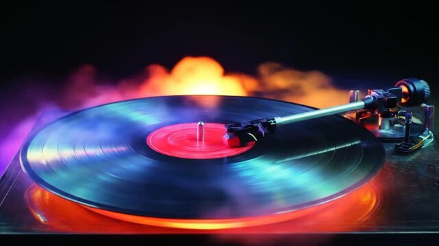 Vintage vinyl record playing on turntable with colorful smoke effects