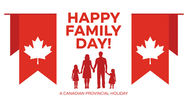 Happy Family Day celebration with Canadian flag and family silhouette on white background