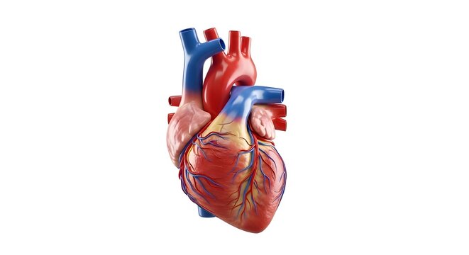 Realistic 3D human heart anatomy model on isolated white background - medical illustration, cardiovascular health