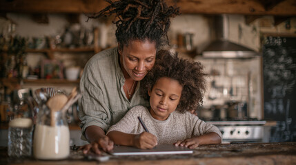 Fototapeta premium mother and daughter studying together at home with laptop for online school homework in bright interior with learning support concept