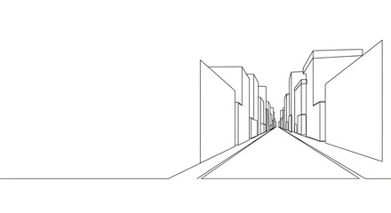 Minimalist continuous line drawing of urban street with city buildings. © andika chyr