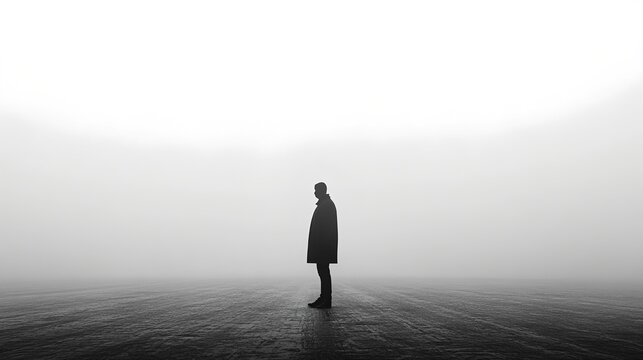 Minimalist silhouette of a lone person standing in a vast foggy void, symbolizing solitude and introspection.