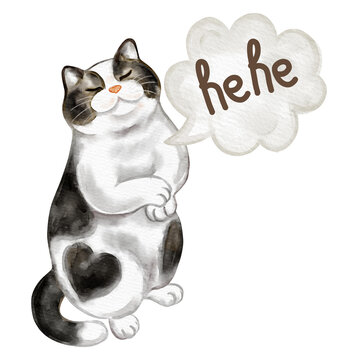 Funny tuxedo cat giggling with heart shape on fur. Watercolor illustration with He He speech bubble on white background
