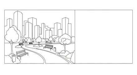 Naklejka premium Black and white line art illustration of a serene urban park with city skyline background.