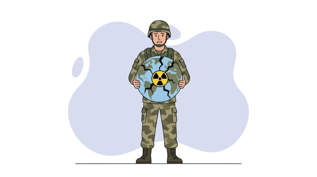 Soldier Holding a Cracked Earth Globe with Nuclear Radiation Symbol Il