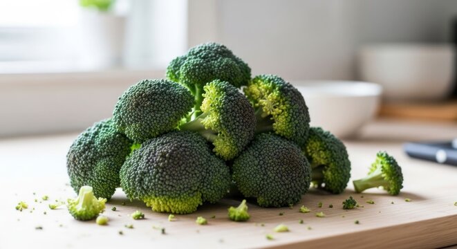 Fresh Broccoli Florets Pile on Wooden Cutting Board.