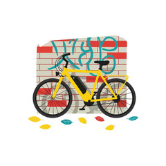 Fototapeta premium Bright Yellow Electric Bicycle Parked Outdoors.