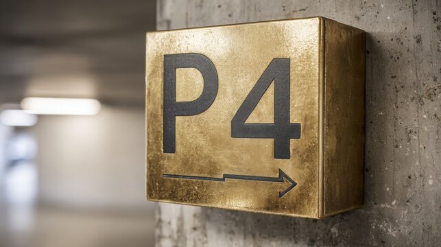 Metallic bronze parking level P4 directional arrow sign mounted on a textured concrete wall