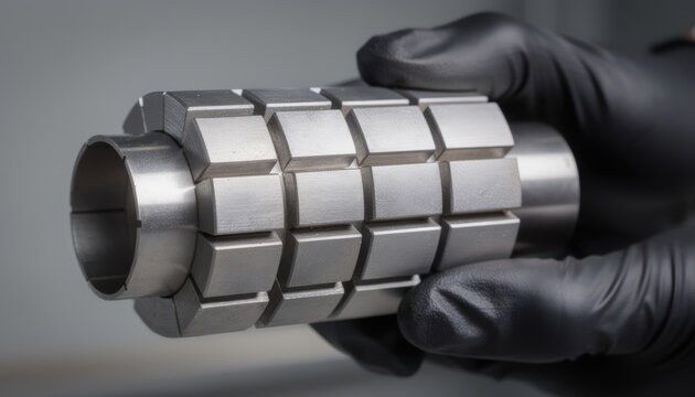 Closeup medium shot of tungsten cubes being carefully arranged and formed into a sleeve emphasizing the dense material and meticulous craftsmanship involved in warhead