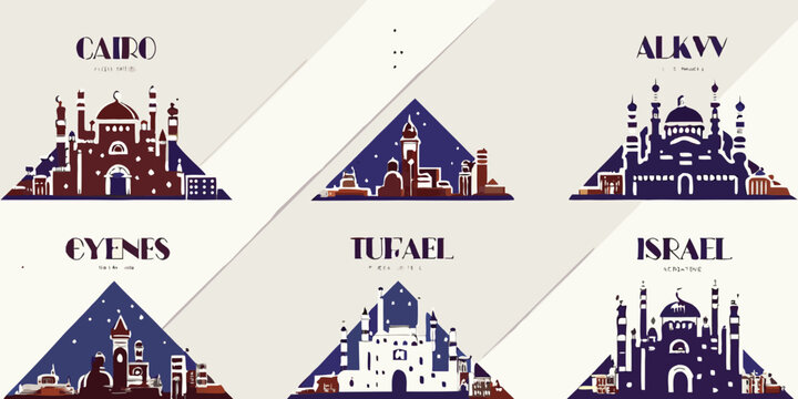 Stylized cityscapes representing cairo israel and other middle eastern locations