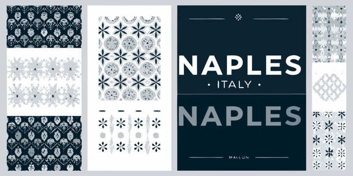 A collection of patterned fabric swatches and a Naples Italy graphic