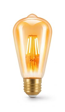 Lampadina vintage a filamento led con luce calda su sfondo bianco. Generative AI