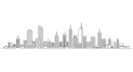 Fototapeta premium Minimalist outline drawing of a modern city skyline with skyscrapers.
