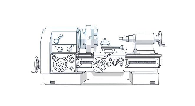 Detailed blueprint illustration of a metalworking lathe machine for industrial manufacturing