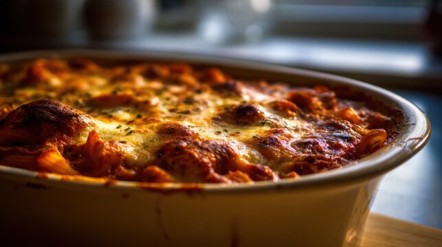 Generous serving of baked ziti with bubbling cheese topping in a baking dish