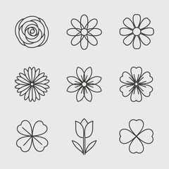 Obraz premium Set of 9 simple line art flower icons, minimal floral design elements