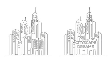 Fototapeta premium Two Minimalist Line Art Cityscape Illustrations Featuring Modern Skyscraper Architecture.