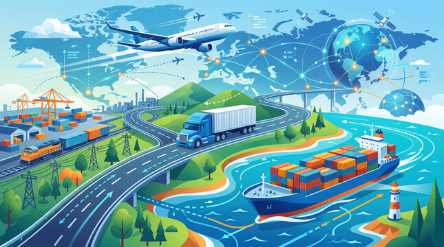 Integrated Global Transport and Freight Logistics Network Illustration