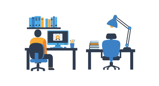 Illustration depicting a workspace with computer, desk, and office setup in vector style