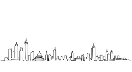 Fototapeta premium Continuous single line drawing of modern city skyline with skyscrapers.