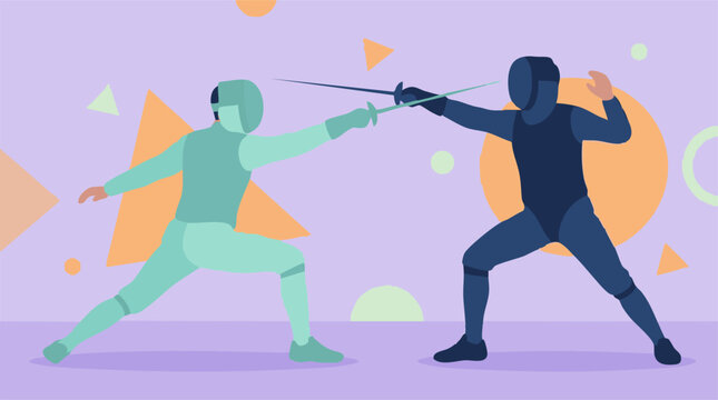 Two fencers engaged in a competitive match, vector illustration with abstract background
