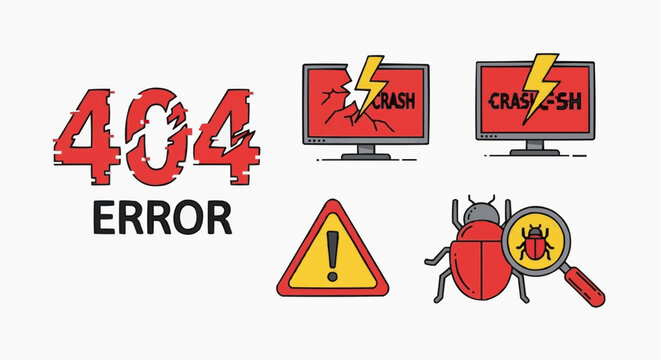 A vector graphic illustration of a 404 error page with crash icons and a bug in white background.
