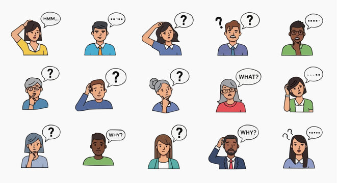 A vector graphic illustration of diverse people with question marks and speech bubbles in white background.