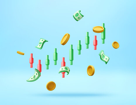 3D Candlestick chart with flying money and coins. Financial stock market data analysis and economic growth concept. Investment trading and business profit growth. Vector illustration