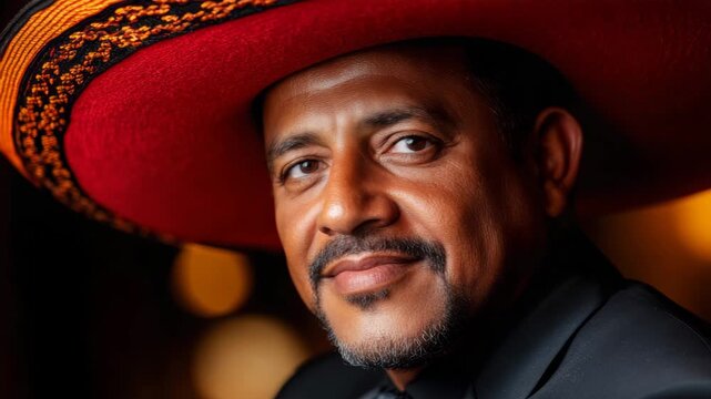 Man wearing a red sombrero and smiling against a blurred background  