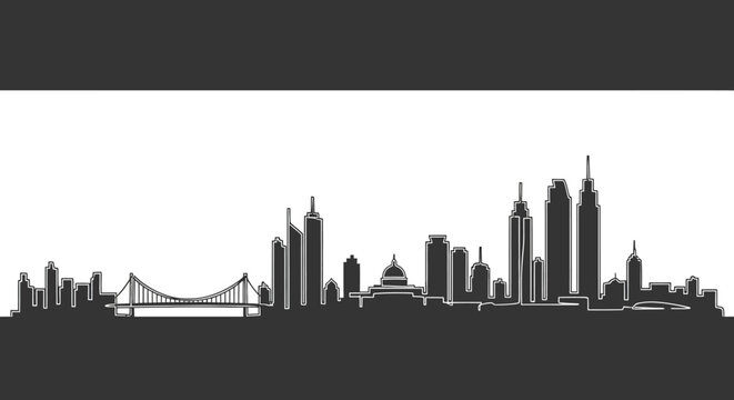 Black and white silhouette of Philadelphia city skyline with Benjamin Franklin Bridge.