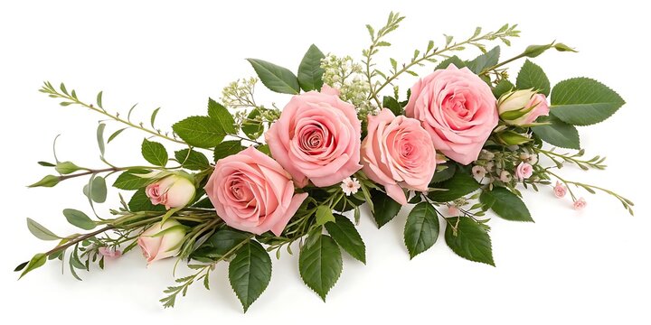 Delicate pink rose and greenery garland arrangement with floral garland, pink roses