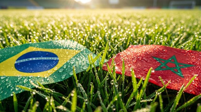 Brazil and Morocco, xtreme macro ultra-realistic shot of soccer grass covered in sparkling dew drops, flags partially wet, light reflecting in droplets, tactile sensation, shallow depth of field