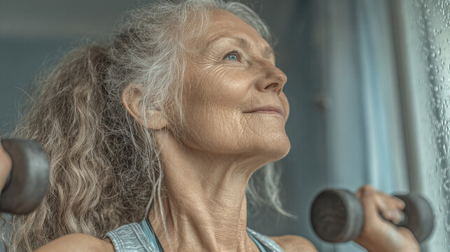 elderly woman performing light dumbbell exercise for muscle strength sarcopenia prevention and healthy aging fitness routine