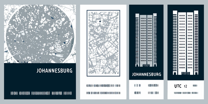 Abstract geometric designs and cityscapes presented as vertical panels