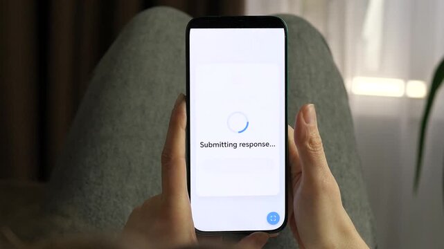 Hands using a health tracker app to answer habit-related questions. User submits response to a smoking survey. Modern interface with loading and success screens. Essential for healthcare, insurance
