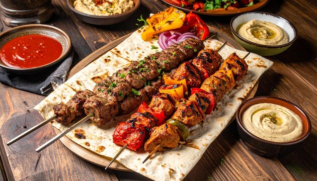 kebab lavash with meat, sauce and vegetables on the table