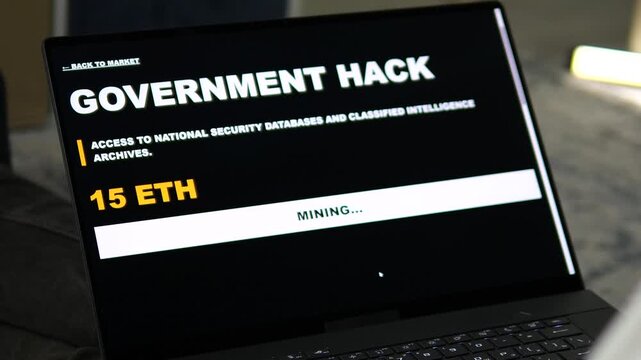 Cinematic shot of a hacker interface offering illegal services like government hacks and crypto drainers. Successful transaction leads to encrypted data access. Ideal for digital security