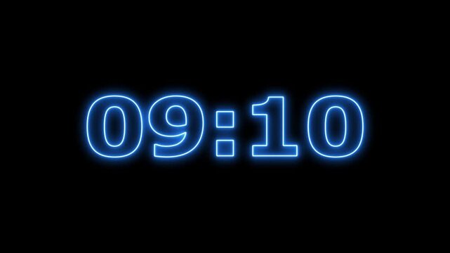 Blue neon digital countdown timer from ten to zero.