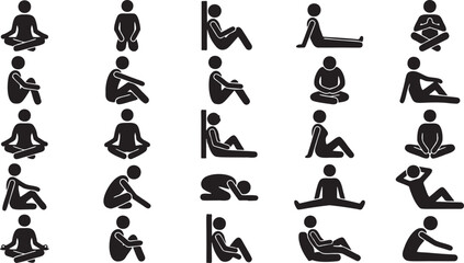 Obraz premium Floor Sitting and Yoga Pose Human Silhouette Icons.
