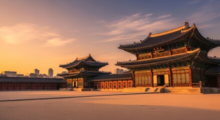 Obraz premium Majestic Korean Palace at Sunset A Glimpse into History and Architecture.