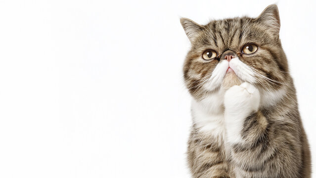 Grumpy thinking meme cat with serious expression raising one paw isolated on white background, unimpressed skeptical tabby cat reaction with copy space left
