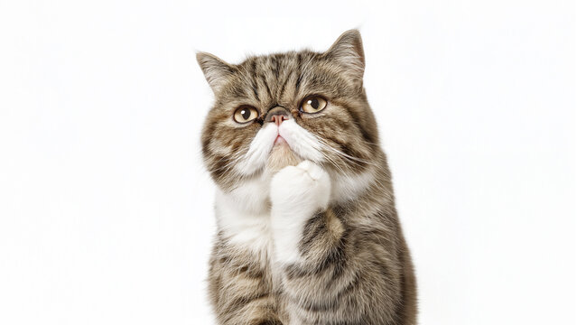 Grumpy thinking meme cat with serious expression raising one paw isolated on white background, unimpressed skeptical tabby cat reaction with copy space 