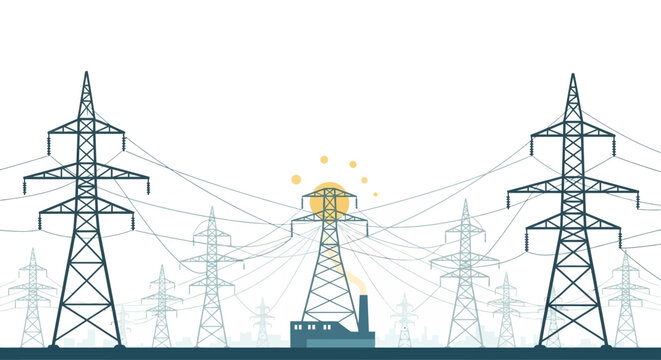 Energy Grid Illustration: Power Lines, Pylons, and Industrial Infrastructure Depicted
