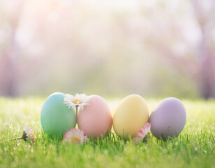 Fototapeta premium Pastel Easter Eggs on Green Grass with Flowers, Spring Holiday Background with Copy Space