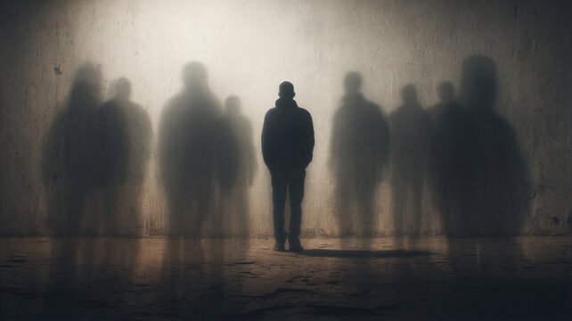 Man standing alone with shadows of people on wall. Psychology concept representing mental struggle, isolation, anxiety, schizophrenia or hallucinations. Inner demons and mind disorder.