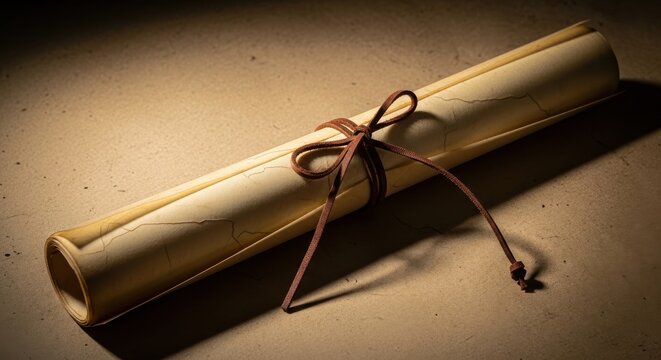 Rolled scroll of aged parchment tied with a leather thong on a textured surface, representing historical documents and ancient writings.