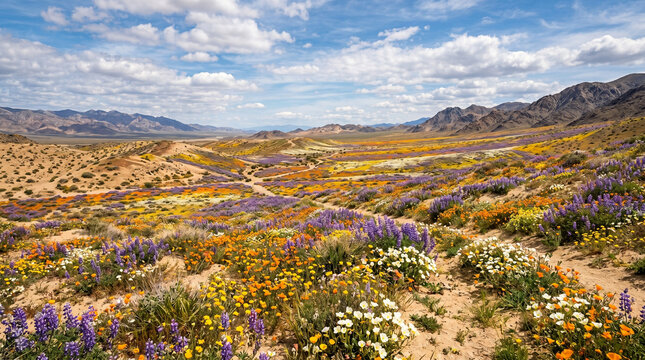 Floraison exceptionnelle du d&eacute;sert sur collines arides