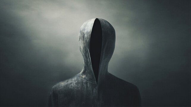 Silhouette of man in hooded cloak with void instead of face. Concept of identity loss and mental disorder, isolation or inner emptiness. Dark surrealism for psychological illustration.