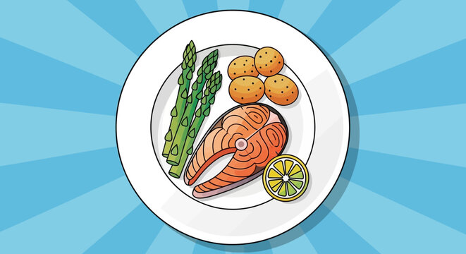 Healthy gourmet meal with salmon, asparagus, potatoes, and lemon slice, on a plate